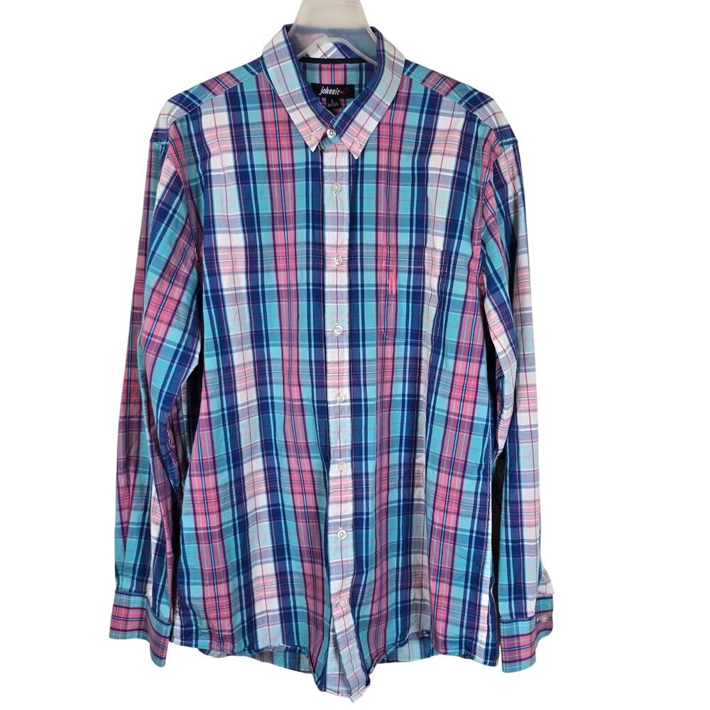 Johnnie O Shirt Men's L Turquoise Coral Plaid Cotton Classic Casual Summer Party